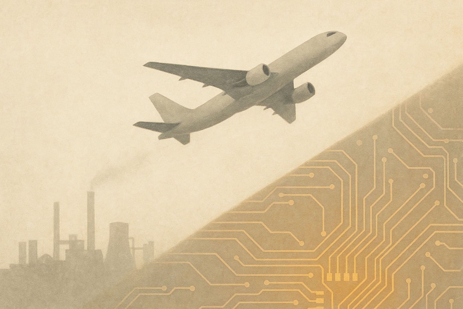 Painterly editorial illustration. A single aircraft ascends over a landscape that shifts from faded industrial smokestacks on one side to a glowing amber circuit grid on the other. The same flight, a transformed economy beneath it. Muted stone palette with amber accent.